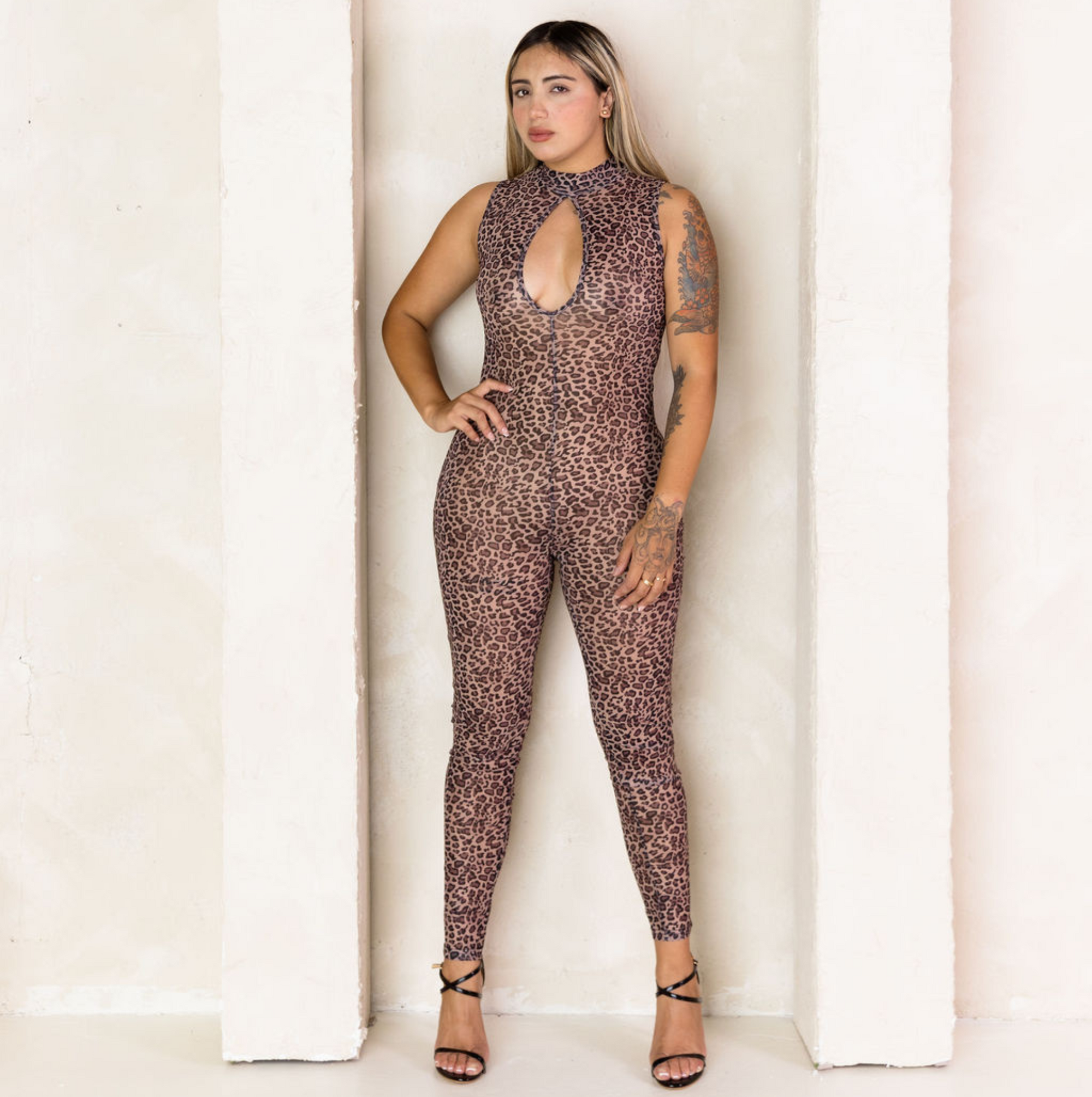 ANIMAL PRINT BREAST CUT OUT JUMPSUIT
